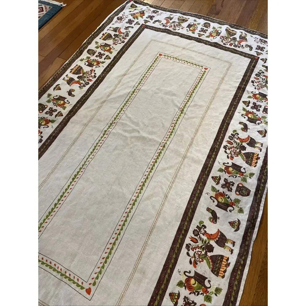 Vintage Pennsylvania Dutch Folk Art Linen Tablecloth 43x75 Amish Couple *READ